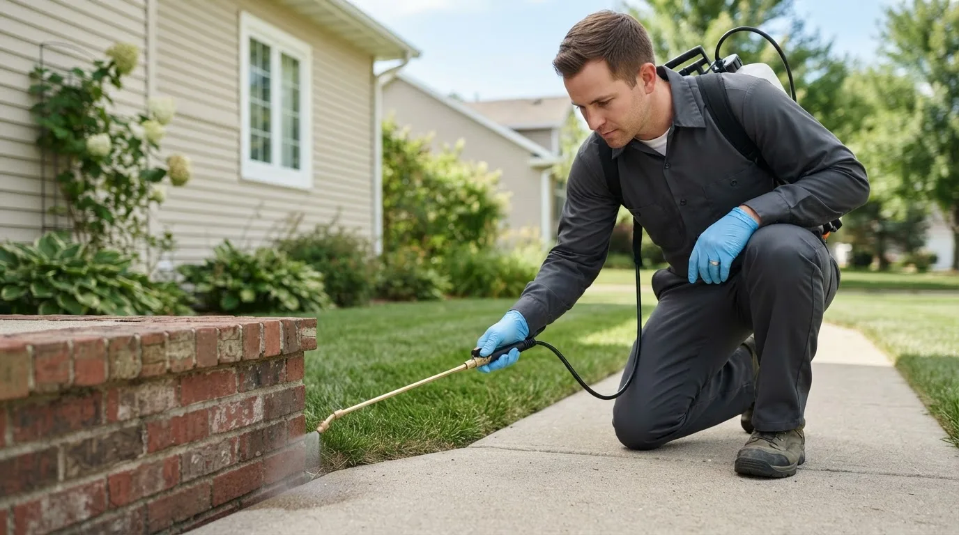 Pest control technician treating a home near Cross Plains, TX