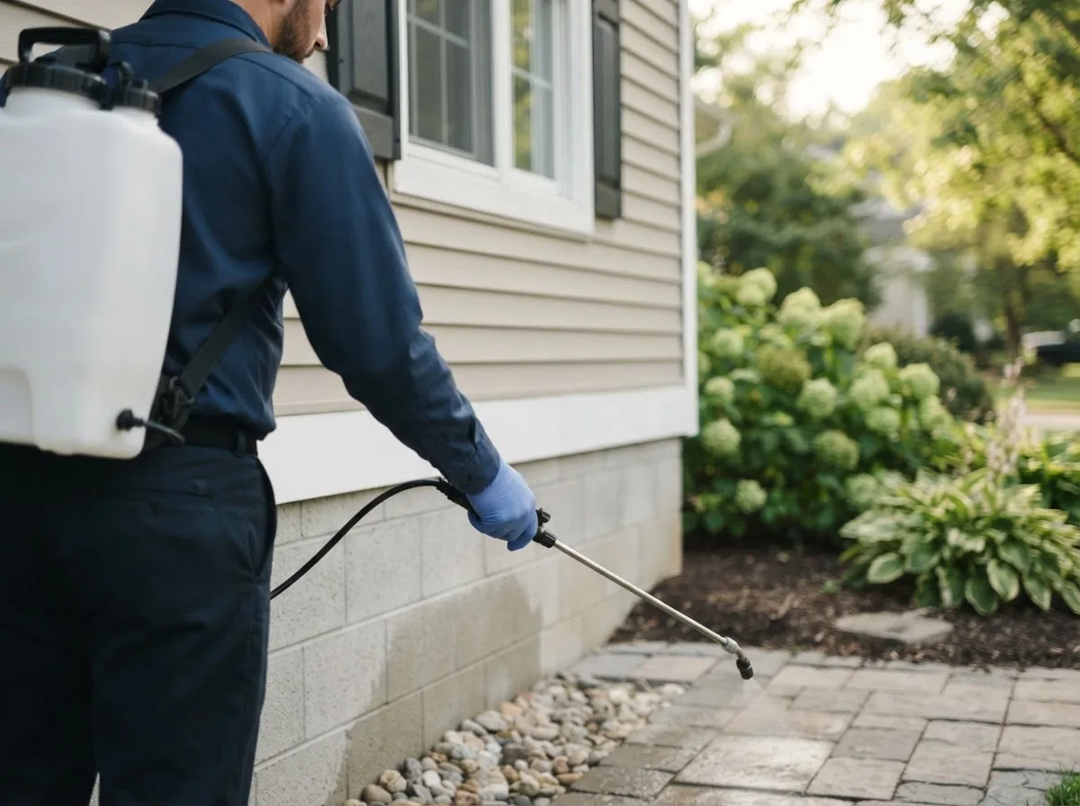 Pest control technician inspecting a home in Cross Plains, TX